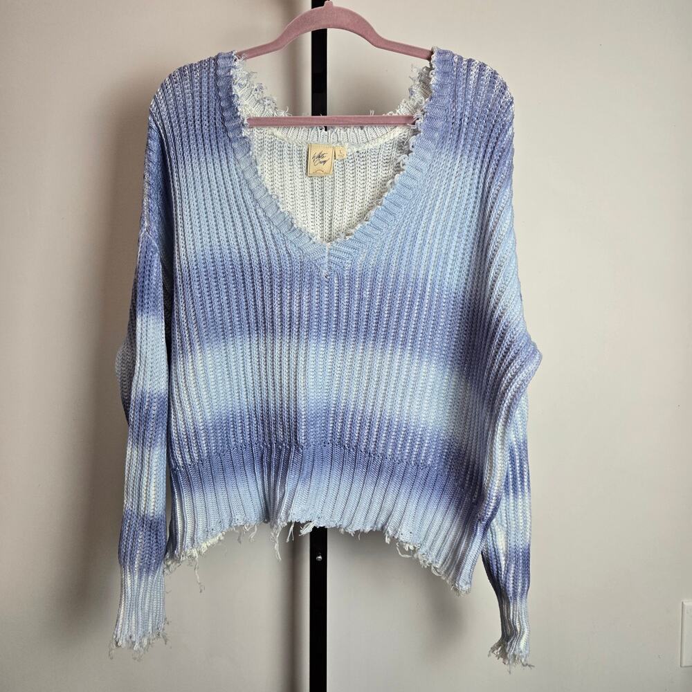 White Crow Burnout Knit Stripe V-Neck Sweater Raw Edges Blue Large Oversized